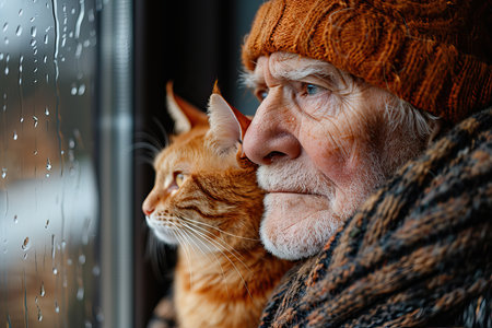 An elderly man wearing a warm hat looks thoughtfully out the window while his orange cat rests against him, both observing the rain falling outside on a chilly day..の素材
