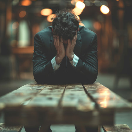 A man dressed in a formal suit sits at a weathered wooden table with his head in his hands, surrounded by soft glowing lights, conveying a sense of contemplation and solitude in an urban environment..の素材