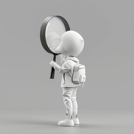 A character dressed in casual attire holds a magnifying glass, closely inspecting a surface in a simple, monochromatic environment. The figure showcases a sense of wonder and exploration..の素材