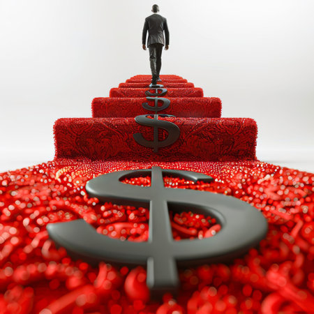 A businessman dressed in formal attire ascends a striking red carpet lined with large dollar signs, representing aspirations and the journey toward financial success..の素材