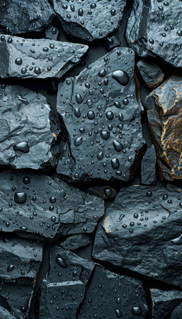 Dark stones with a glossy surface are covered in water droplets, capturing natural beauty and texture. The glistening moisture highlights the contours and colors of the stones effectively..の素材