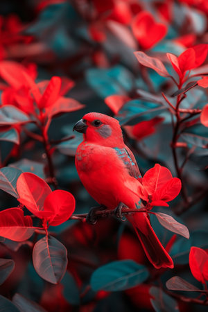 A striking red bird is perched on a branch surrounded by lush, colorful foliage. The vivid colors of the leaves create a captivating backdrop for this elegant creature in its natural environment..の素材