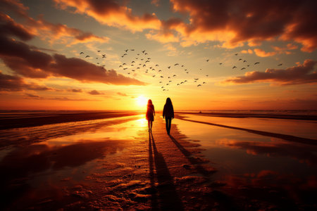 Two individuals stroll together on a sandy beach during sunset, casting long shadows as colorful clouds and birds fill the sky above. The serene atmosphere emphasizes friendship and nature's beauty..の素材