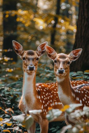 Two spotted deer are positioned closely together in a vibrant forest, surrounded by foliage and illuminated by warm sunlight filtering through the trees..の素材