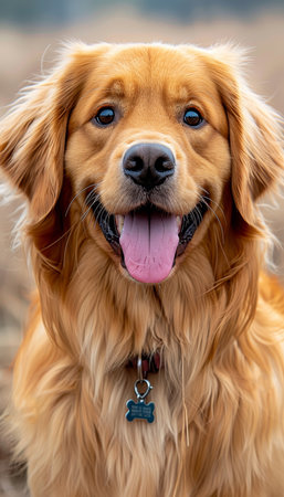 A golden retriever with a joyful expression sits amidst a natural landscape, showcasing its shiny coat and bright eyes while enjoying a sunny day outdoors..の素材