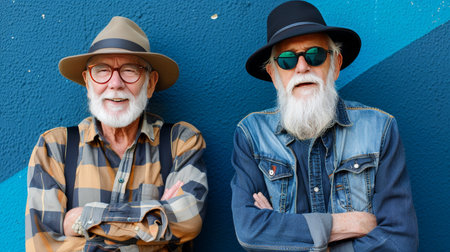Two older men stand side by side, smiling and dressed casually with hats and sunglasses, against a vibrant blue wall, showcasing their relaxed style and friendship..の素材