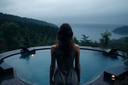 A woman stands near the edge of a circular pool, looking out at a serene ocean view surrounded by lush hills under a twilight sky. The ambiance is peaceful and reflective..の素材