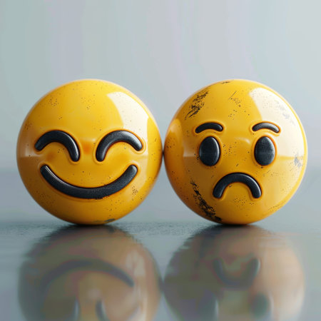 Two 3D yellow emoji faces, one joyful and the other sad, on a reflective surface. The contrasting emotions are vivid in their expressions, creating a captivating scene.の素材