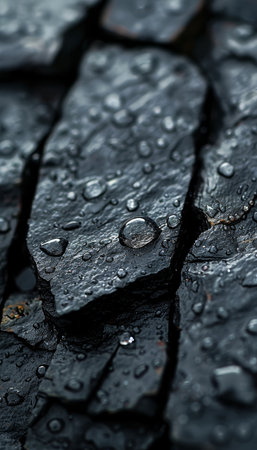 Black slate stone texture with raindrops, dark abstract background. Can be used as a background for text, or as a texture for 3D objects. Isolated on a black background.の素材