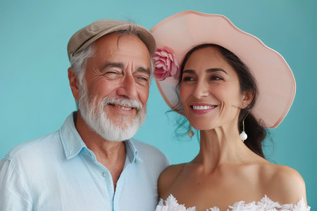 A happy couple stands close, sharing smiles against a soft pastel background. The woman wears a large pink hat adorned with flowers, while the man has a casual light shirt and a friendly beard..の素材