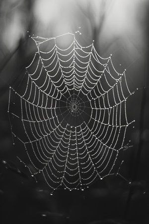 A finely woven spider web glistens with droplets of dew, illuminated softly in the early morning light within a tranquil forest setting..の素材