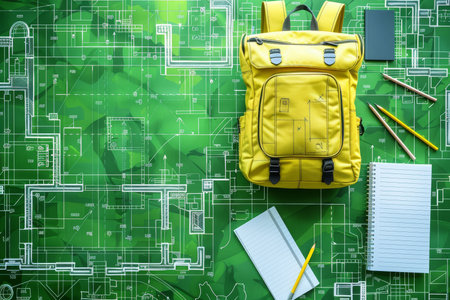 An open, bright yellow backpack filled with school supplies like pencils and notebooks on a vibrant green background. Ideal for students and education-themed designs. Copy space.@240805_の素材