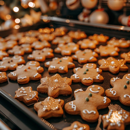 Gingerbread cookies in various festive shapes are beautifully arranged on a baking tray, showcasing intricate icing designs and colorful decorations, all set against a festive backdrop..の素材