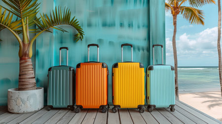 Four vibrant suitcases in shades of teal, orange, yellow, and light blue stand on a terrace by the beach, surrounded by palm trees under a bright sky, suggesting a joyful vacation atmosphere..の素材