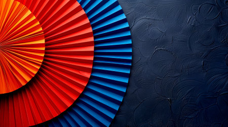 Three vibrant paper fans in red, orange, and blue create a striking arrangement against a dark textured background, showcasing their intricate folds and vivid colors for a visually appealing design..の素材