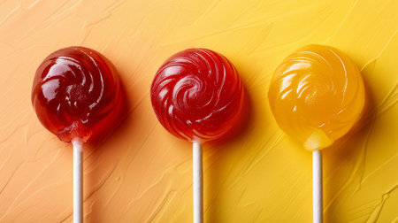 Three brightly colored swirl lollipops sit on a smooth yellow background, showcasing red, orange, and yellow hues. The lollipops are presented in a playful and enticing manner..の素材
