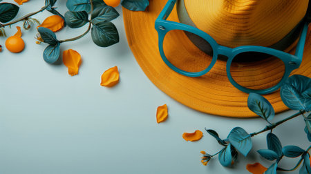 A vibrant yellow hat is paired with stylish blue glasses, surrounded by scattered orange petals and green leaves. Copy space.の素材