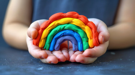 Small hands cradle a vibrant rainbow made of clay, showcasing red, orange, yellow, green, blue, and purple hues. The playful sculpture rests on a dark surface, inviting imagination and creativity..の素材