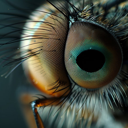 This macro shot captures the fascinating details of an insect eye, revealing unique patterns, colors, and hair-like structures that highlight the complexity of its anatomy..の素材
