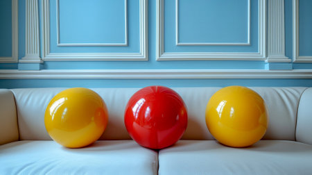 A vibrant display of three glossy spheres-red, yellow, and orange-sits neatly on a modern, elegant white sofa against a striking blue wall, creating a cheerful atmosphere..の素材