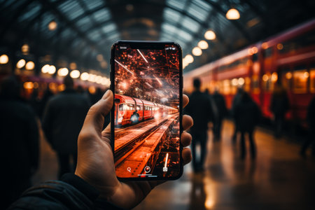A person holds a smartphone showcasing a vibrant train track scene amidst a busy station. The atmosphere is alive with movement, illuminated by warm lights, reflecting a captivating urban energy..の素材