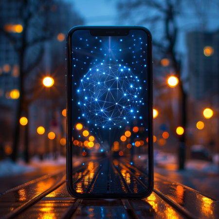 As twilight descends, a smartphone showcases a brilliant network of glowing nodes against the backdrop of shimmering city lights, blending technology with urban ambiance in a captivating scene..の素材