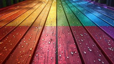 After a refreshing summer rain, glistening droplets rest on a vibrant wooden surface painted in a rainbow of colors. Each hue reflects the beauty of nature, creating a cheerful and lively atmosphere..の素材