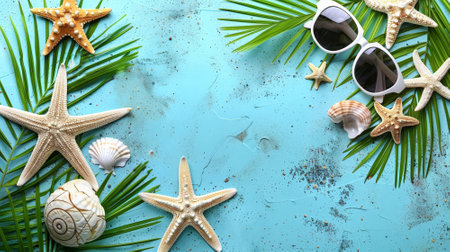 A playful arrangement of starfish, seashells, and tropical leaves creates a vibrant beach atmosphere, inviting thoughts of summer vacations and sun-soaked days by the ocean. Copy space.の素材