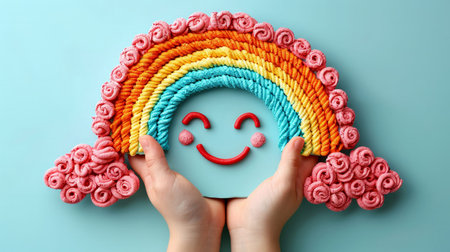 Brightly colored yarn forms a cheerful rainbow with pink clouds, cradled by hands, creating a delightful and whimsical display that radiates joy and creativity in a sunny atmosphere..の素材