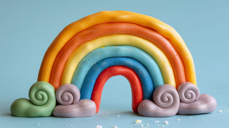 A colorful rainbow crafted from soft modeling clay arches across a pale blue backdrop, complemented by whimsical clouds beneath. This playful scene evokes a sense of joy and creativity..の素材