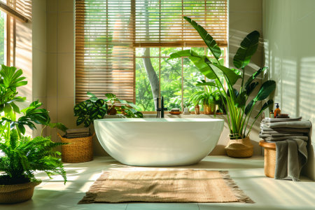Sunlight pours through the wooden blinds, illuminating the bright bathroom adorned with various green plants. A sleek white bathtub sits invitingly in the tranquil space, offering a peaceful retreat..の素材