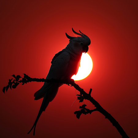A parrot stands gracefully on a branch as the sun sets in vibrant hues. The rich, warm colors of the sky create a stunning backdrop for this serene moment in nature at dusk..の素材