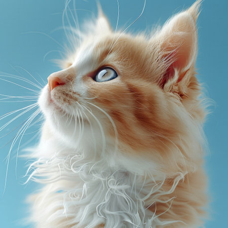 An adorable orange and white kitten looks up with wide, curious eyes, showcasing its fluffy fur and delicate whiskers, set against a soothing light blue background..の素材