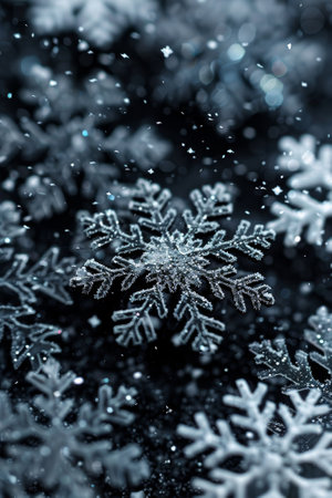 Delicate snowflakes cascade softly against a dark backdrop, creating a serene winter atmosphere. Each flake showcases intricate designs, inviting a sense of calm and wonder..の素材