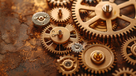 A detailed composition of various brass gears interlocked together, resting on an aged, patina-coated metal surface. The design showcases the craftsmanship and complexity of mechanical components..の素材