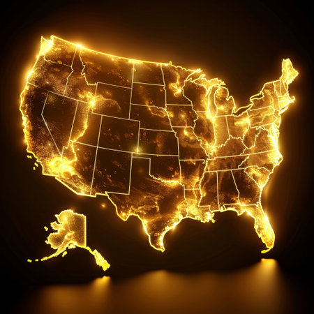 A highly detailed map of the United States glows warmly against a dark background, highlighting each state boundary and major cities, creating an eye-catching visual of the country at night..の素材