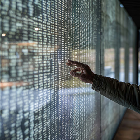 A person is gently touching a large digital display filled with scrolling data at an exhibition. The atmosphere is modern and tech-driven, highlighting innovation and information..の素材