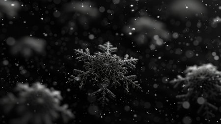Snowflakes drift gracefully through the dark night sky, creating a serene winter landscape. The delicate crystals shimmer softly as they fall, marking the peaceful silence of the snowy evening..の素材
