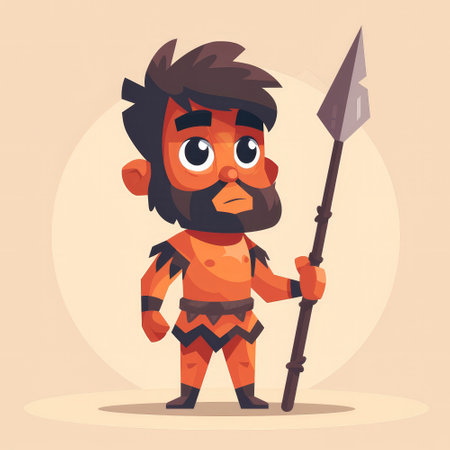 A young cartoon warrior, wearing primitive attire and holding a spear, stands in a neutral background. His confident posture suggests readiness for adventure and exploration in a playful style..の素材
