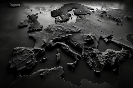 This topographic representation of Europe showcases various terrain features, including mountains and valleys, all presented in striking dark shades that emphasize geographical details and contours..の素材