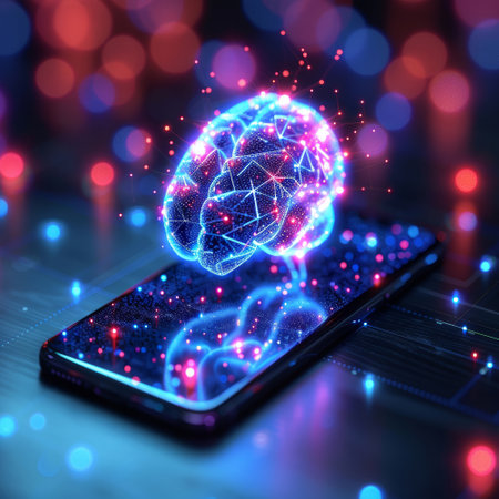 A smartphone displays a vibrant hologram of a brain, illuminated with colors against a blurred, colorful background. The scene captures the fusion of technology and intelligence in a modern setting..の素材