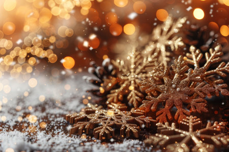 Delicate golden snowflakes rest on a softly lit surface, surrounded by a gentle snowfall. The warm bokeh background enhances the cozy atmosphere, perfect for holiday celebrations..の素材