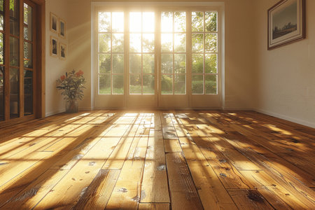 The warm glow of sunlight floods a spacious room through large windows, illuminating the wooden floor and creating a serene atmosphere. A potted plant adds a touch of nature to the inviting space..の素材