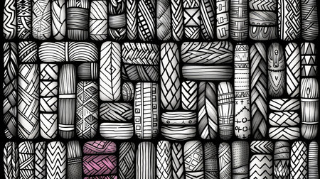 The artwork showcases an array of intricate patterns arranged in a grid format. Each shape is unique, featuring black and white designs that highlight creativity and craftsmanship..の素材