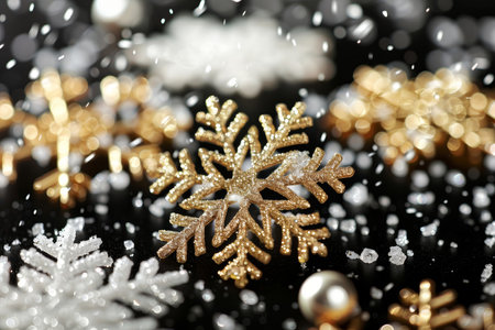 Golden and white snowflakes gently fall against a dark background, creating a magical winter atmosphere. Decorative elements add a festive touch, evoking the spirit of the holiday season..の素材