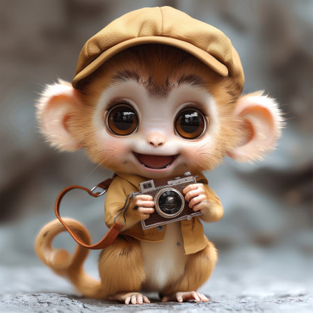 A charming monkey dressed in a cap and a light jacket happily grips a vintage camera. Its large eyes and playful demeanor capture a delightful moment in a natural, outdoor environment..の素材