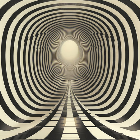 A visually striking tunnel features an array of black and white stripes that create the illusion of depth. The ceiling and walls curve inward, leading toward a bright opening at the end..の素材