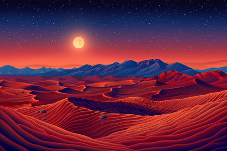 The scene captures a tranquil desert landscape bathed in the warm hues of dusk, with gentle sand dunes stretching under a bright full moon and distant mountains silhouetted against the sky..の素材
