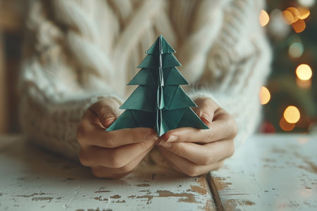 A person carefully holds a green origami Christmas tree, showcasing their craft in a warm, inviting setting decorated for the holidays, highlighting creativity and festive spirit..の素材