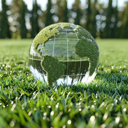 A transparent globe adorned with green continents rests on a lush grassy field under bright daylight, symbolizing environmental awareness and harmony between nature and the planet..の素材